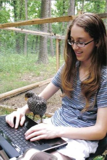 Last May I got some Barred Rocks, White Rocks, White Leghorns and Red-Sex Links, and Rhode Island Reds from Cackle. When the weather is nice I like to sit outside with them and watch them while I study. They’re Great Classmates!! Julia, Rockbridge, MO.
