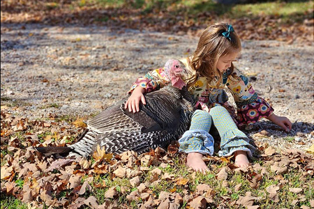 child sitting with pet turkey