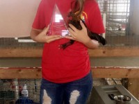 Girl holding chicken with trophy