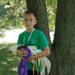 child holding blue ribbon winning chicken