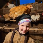 Chicken on top of girls head