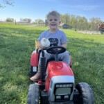 little boy holding chicken on small tractor.